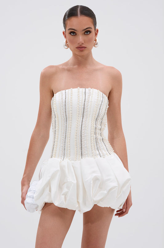 Smokey Fashions White Pearl Rhinestone Strapless Bubble Mini Dress