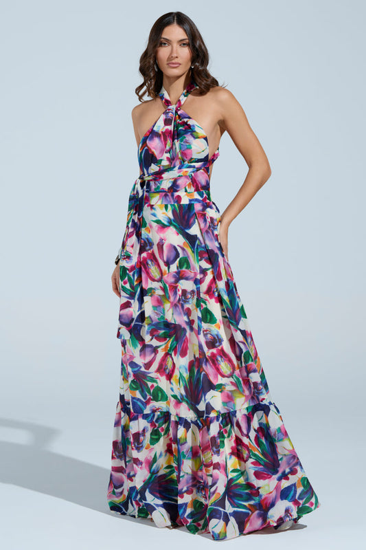 Smokey Fashions Bright Floral Print Tie Halter Flowy Maxi Dress
