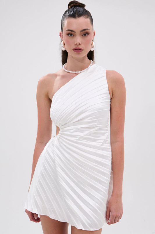 Smokey Fashions White Pleated One Shoulder Cutout Mini Dress