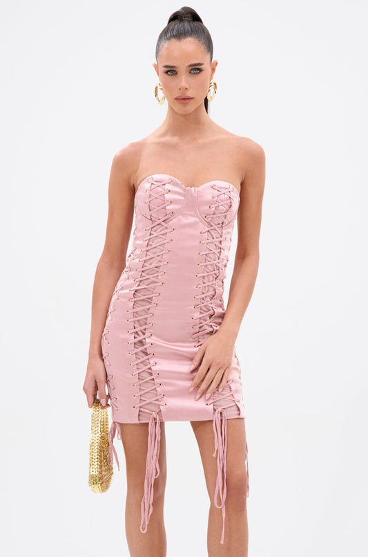 Smokey Fashions Pink Lace Up Bandeau Satin Fitted Mini Dress