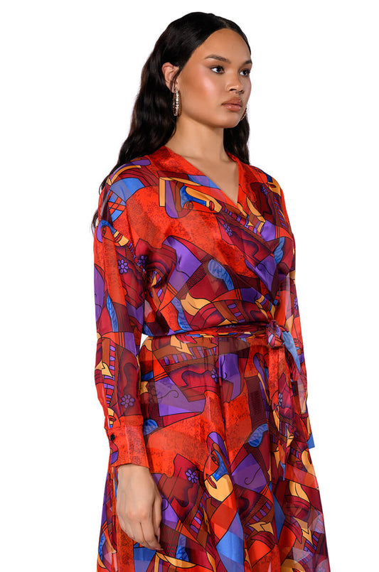 Smokey Fashions Red Abstract Scarf Print Wrap Tie Front Blouse