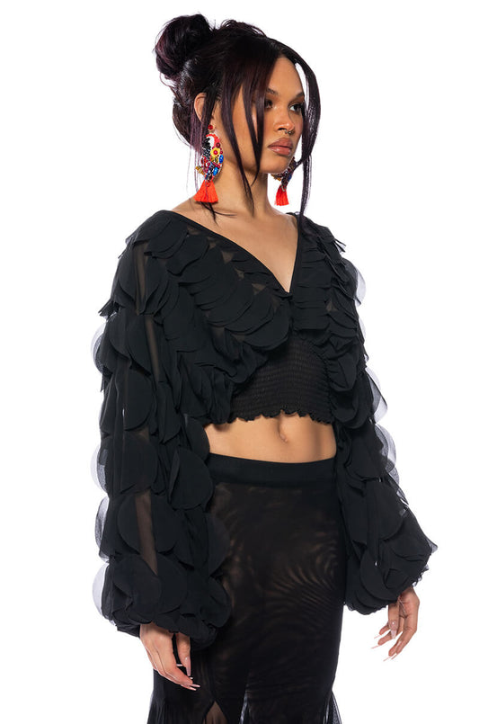 Smokey Fashions Black Chiffon Petal Sleeve Deep V Crop Blouse