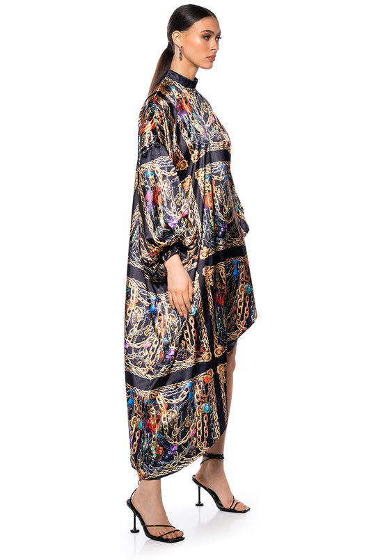 Smokey Fashions Black Chain Print Satin Bishop Sleeve Maxi Dress