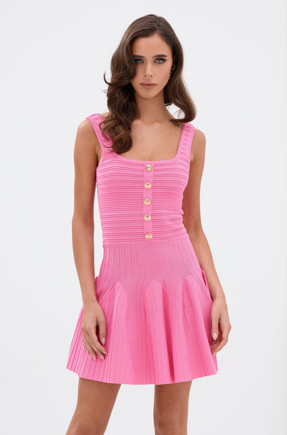 Smokey Fashions Pink Ribbed Knit Button Front Skater Mini Dress