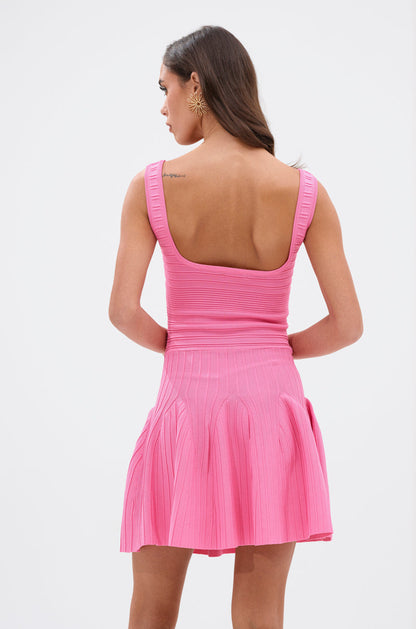 Smokey Fashions Pink Ribbed Knit Button Front Skater Mini Dress