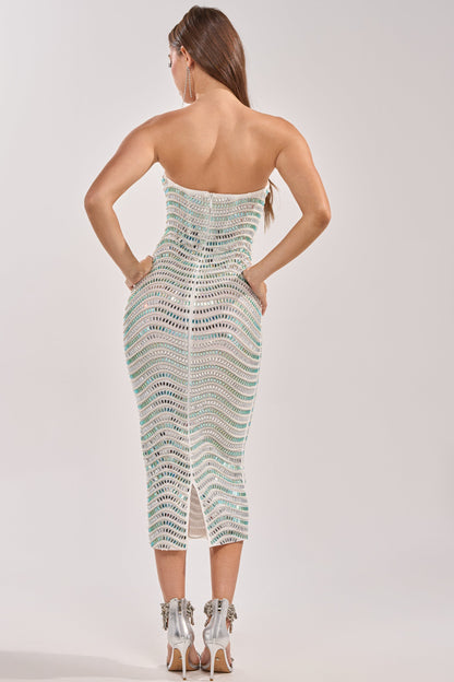Smokey Fashions White Rhinestone Wave Strapless Bodycon Midi Dress