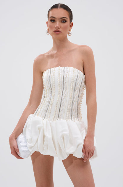 Smokey Fashions White Pearl Rhinestone Strapless Bubble Mini Dress