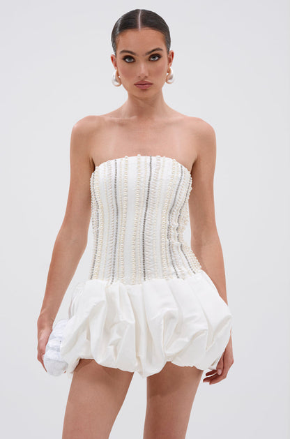 Smokey Fashions White Pearl Rhinestone Strapless Bubble Mini Dress