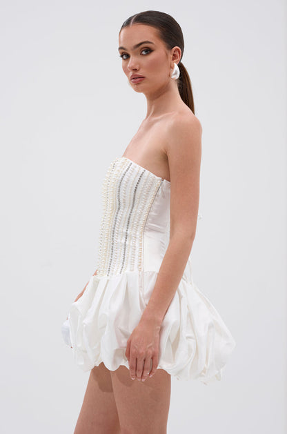 Smokey Fashions White Pearl Rhinestone Strapless Bubble Mini Dress
