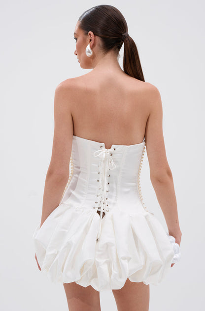 Smokey Fashions White Pearl Rhinestone Strapless Bubble Mini Dress