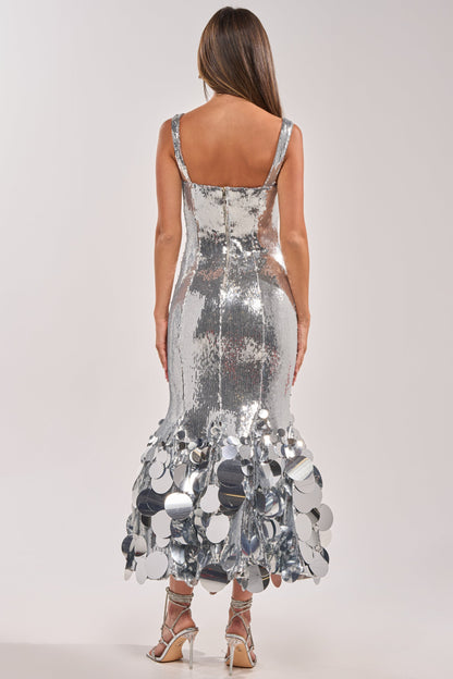 Smokey Fashions Silver Disc Trim Sequin Bodycon Midi Dress