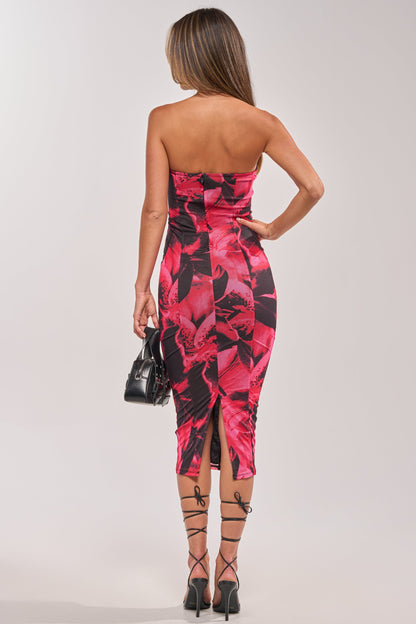 Smokey Fashions Pink Floral Print Strapless Bodycon Midi Dress