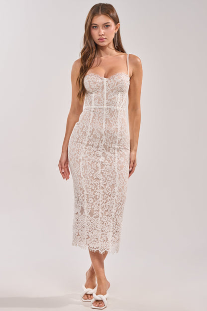 Smokey Fashions White Lace Bustier Spaghetti Strap Midi Dress