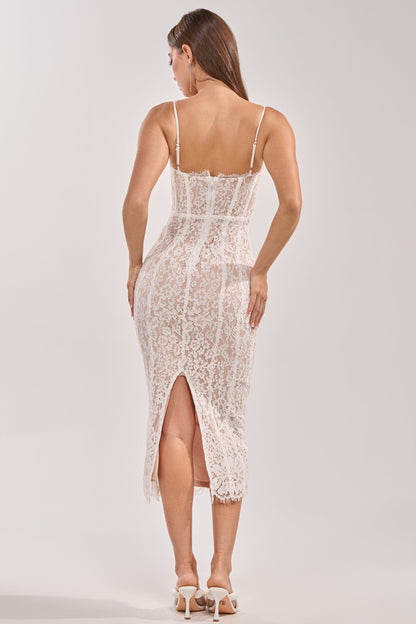 Smokey Fashions White Lace Bustier Spaghetti Strap Midi Dress