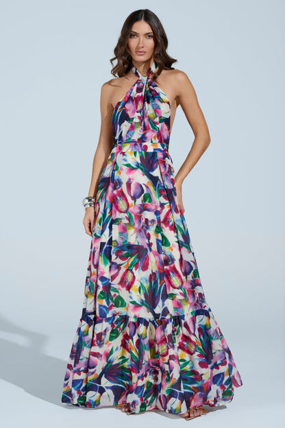Smokey Fashions Bright Floral Print Tie Halter Flowy Maxi Dress
