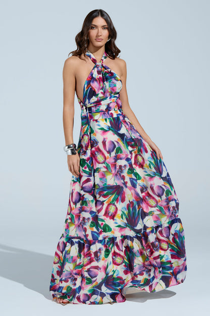 Smokey Fashions Bright Floral Print Tie Halter Flowy Maxi Dress