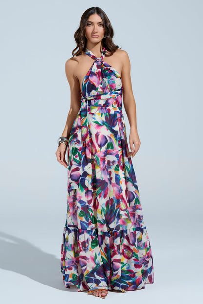Smokey Fashions Bright Floral Print Tie Halter Flowy Maxi Dress