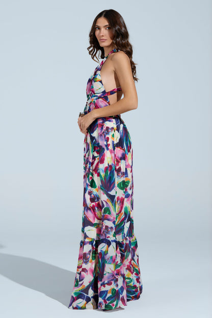 Smokey Fashions Bright Floral Print Tie Halter Flowy Maxi Dress