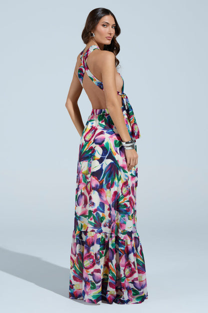 Smokey Fashions Bright Floral Print Tie Halter Flowy Maxi Dress