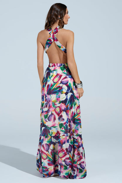 Smokey Fashions Bright Floral Print Tie Halter Flowy Maxi Dress