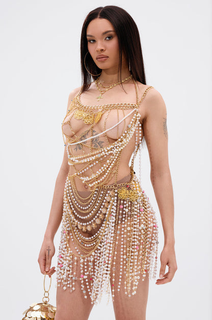 Smokey Fashions Gold Chain Pearl Layered Bodycon Mini Dress