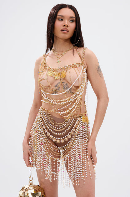 Smokey Fashions Gold Chain Pearl Layered Bodycon Mini Dress