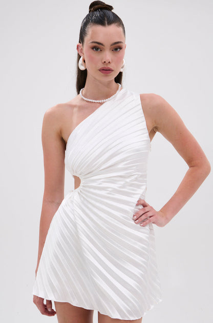 Smokey Fashions White Pleated One Shoulder Cutout Mini Dress