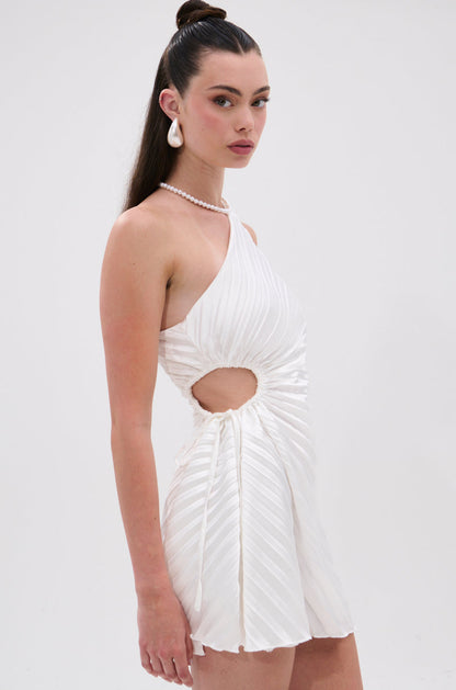 Smokey Fashions White Pleated One Shoulder Cutout Mini Dress