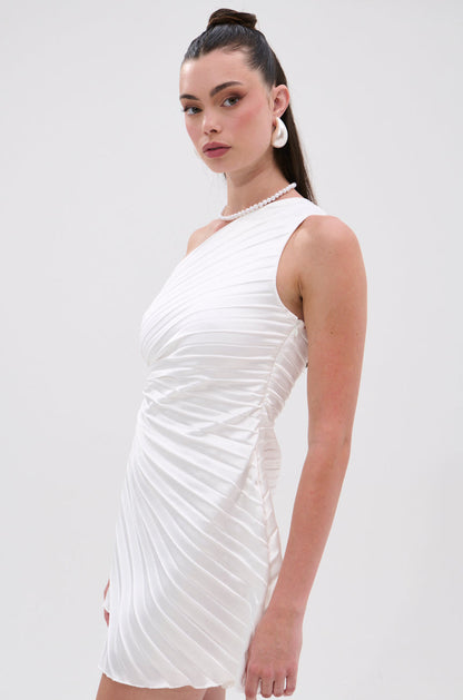 Smokey Fashions White Pleated One Shoulder Cutout Mini Dress