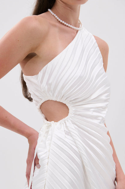 Smokey Fashions White Pleated One Shoulder Cutout Mini Dress