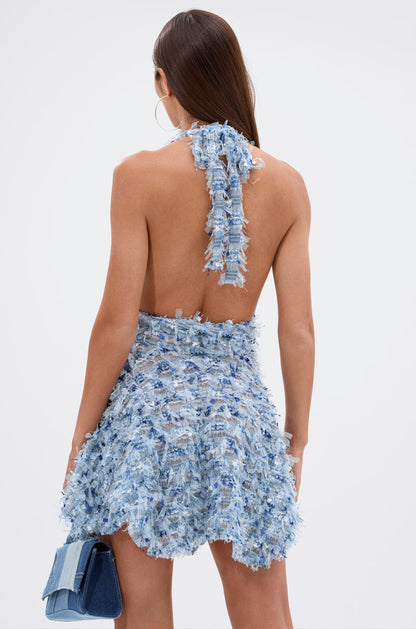 Smokey Fashions Baby Blue Textured Fringe Deep V Mini Dress