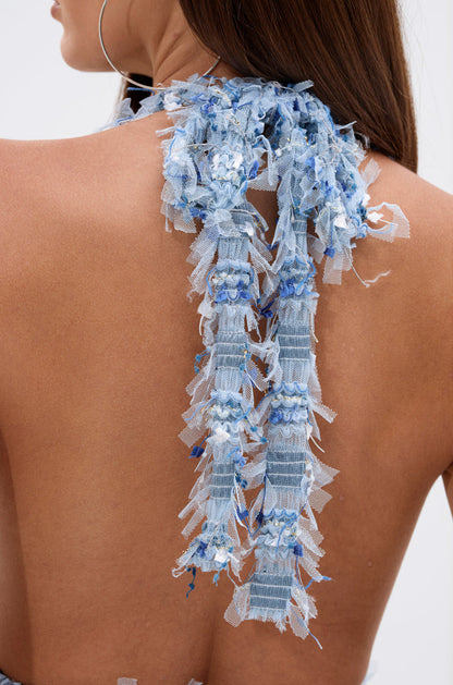 Smokey Fashions Baby Blue Textured Fringe Deep V Mini Dress
