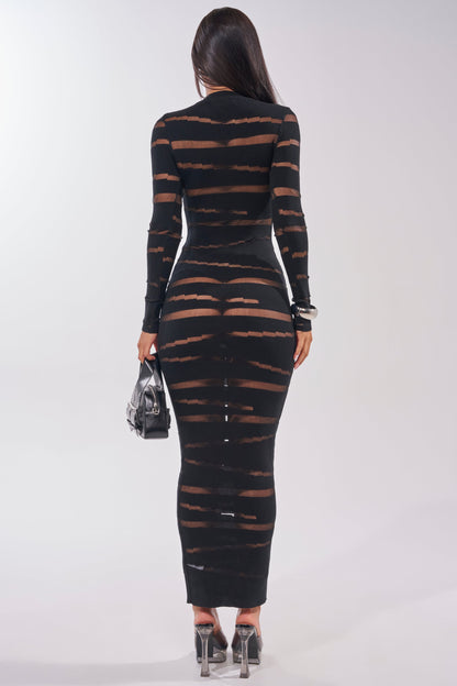 Smokey Fashions Black Sheer Stripe Knit Long Sleeve Maxi Dress