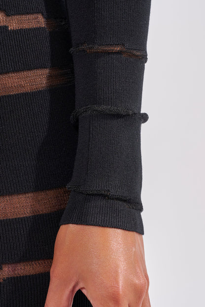 Smokey Fashions Black Sheer Stripe Knit Long Sleeve Maxi Dress
