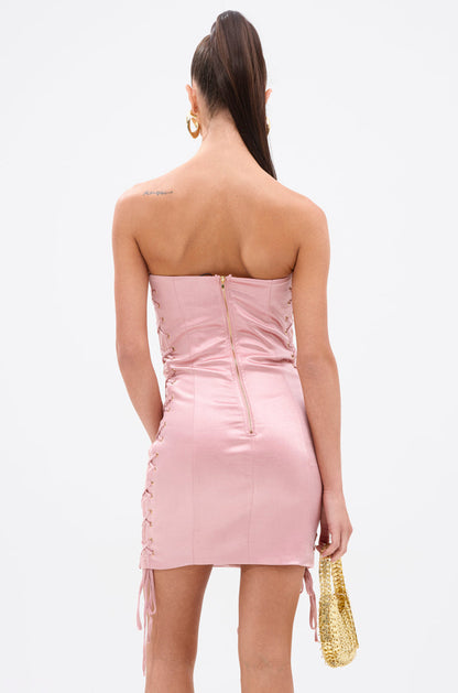 Smokey Fashions Pink Lace Up Bandeau Satin Fitted Mini Dress