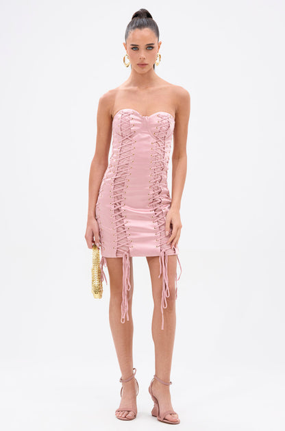 Smokey Fashions Pink Lace Up Bandeau Satin Fitted Mini Dress