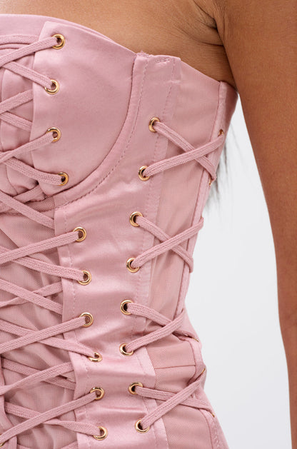 Smokey Fashions Pink Lace Up Bandeau Satin Fitted Mini Dress