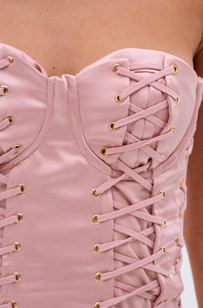 Smokey Fashions Pink Lace Up Bandeau Satin Fitted Mini Dress