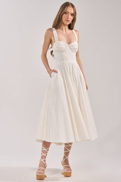 Smokey Fashions White Poplin Sweetheart Bustier A-Line Midi Dress