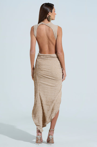 Smokey Fashions Beige Woven Textured Mock Neck Ruched Maxi Dress