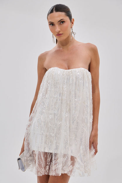 Smokey Fashions White Sequin Strapless Flowy Babydoll Mini Dress