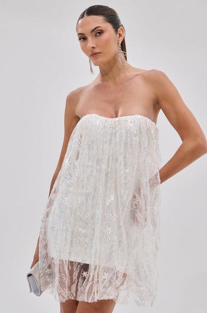 Smokey Fashions White Sequin Strapless Flowy Babydoll Mini Dress