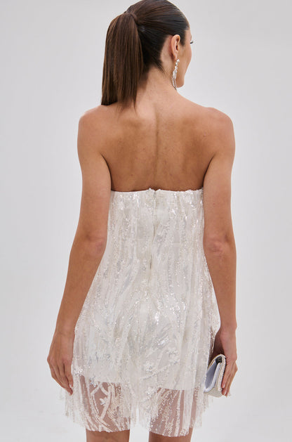 Smokey Fashions White Sequin Strapless Flowy Babydoll Mini Dress