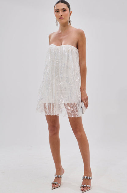Smokey Fashions White Sequin Strapless Flowy Babydoll Mini Dress