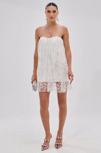 Smokey Fashions White Sequin Strapless Flowy Babydoll Mini Dress