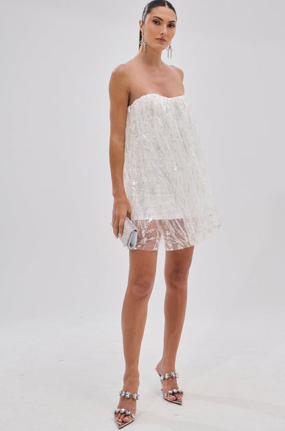 Smokey Fashions White Sequin Strapless Flowy Babydoll Mini Dress