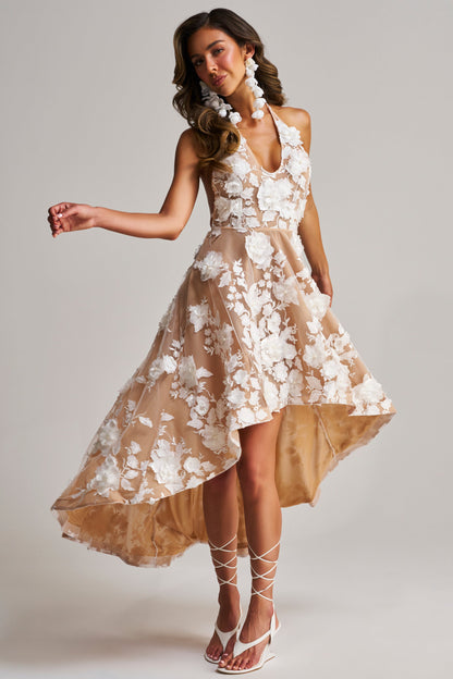 Smokey Fashions Nude 3D Floral Applique Halter Midi Dress