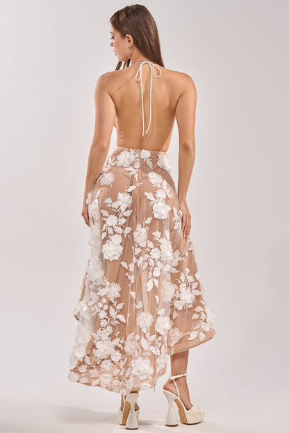 Smokey Fashions Nude 3D Floral Applique Halter Midi Dress
