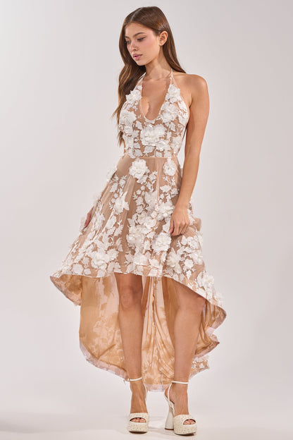 Smokey Fashions Nude 3D Floral Applique Halter Midi Dress