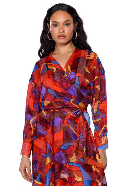 Smokey Fashions Red Abstract Scarf Print Wrap Tie Front Blouse